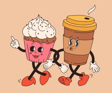 Kahve siparişi, hamur işi, çikolatalı kurabiye, dondurma ve çöreğin sevimli çizgi film karakterleri. Vektör çizimi. İzole edilmiş tatlı, geçmişe dönük nostaljik bir şekilde yiyecek ve içecek sunar.