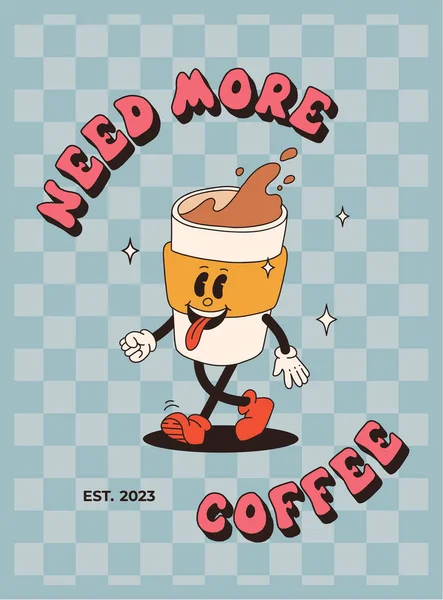 Retro Plakat Med Kaffemaskot Tegneseriefigurer Morsomme Figurer Fargerik Skrivestil Cappuccino – stockvektor