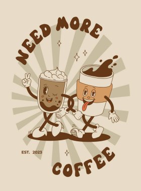 Tatlı çizgi film karakterleri, kahve servisi, hamur işi çörek, çikolata parçalı kurabiye, dondurma ve kek. Gıda ve içeceği eski moda tarzında tatlandırır.