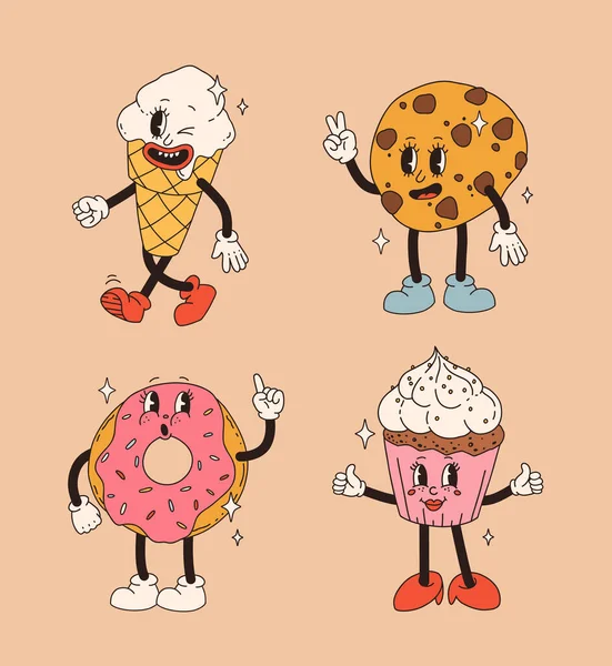 复古甜点角色 可爱的卡通吉祥物糖果 笑着走着吃甜食 滑稽的面霜 老式纸杯蛋糕 甜甜圈和薄饼 面包店人物造型 — 图库矢量图片