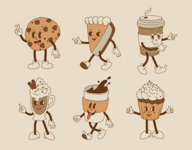 Kahve siparişi, hamur işi, çikolatalı kurabiye, dondurma ve çöreğin sevimli çizgi film karakterleri. Vektör çizimi. İzole edilmiş tatlı, geçmişe dönük nostaljik bir şekilde yiyecek ve içecek sunar.