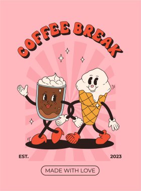 Collection of posters with cute cartoon characters of coffee takeaway and pastries donut, chocolate chip cookie, ice cream and cupcake. Desserts food and drink in retro groovy style