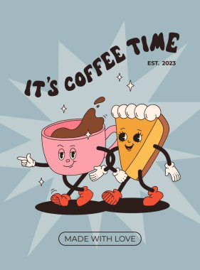 Collection of posters with cute cartoon characters of coffee takeaway and pastries donut, chocolate chip cookie, ice cream and cupcake. Desserts food and drink in retro groovy style