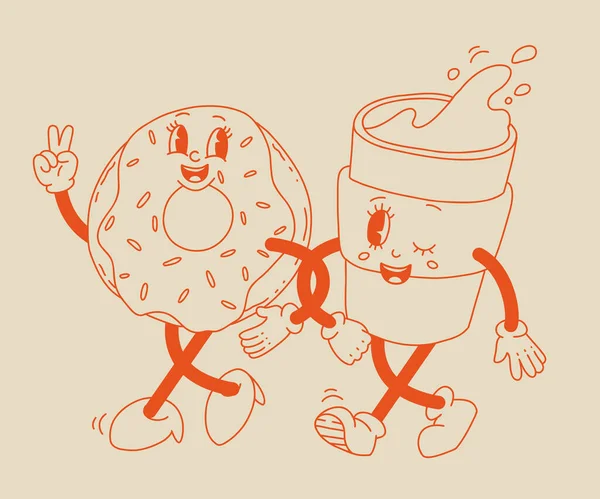 Colección Tiernos Personajes Dibujos Animados Café Para Llevar Pasteles Donut — Archivo Imágenes Vectoriales