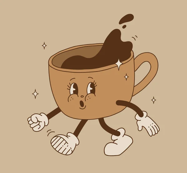 Retro Cartoon Coffee Cup Character Set Mug Mascot Different Poses — Archivo Imágenes Vectoriales