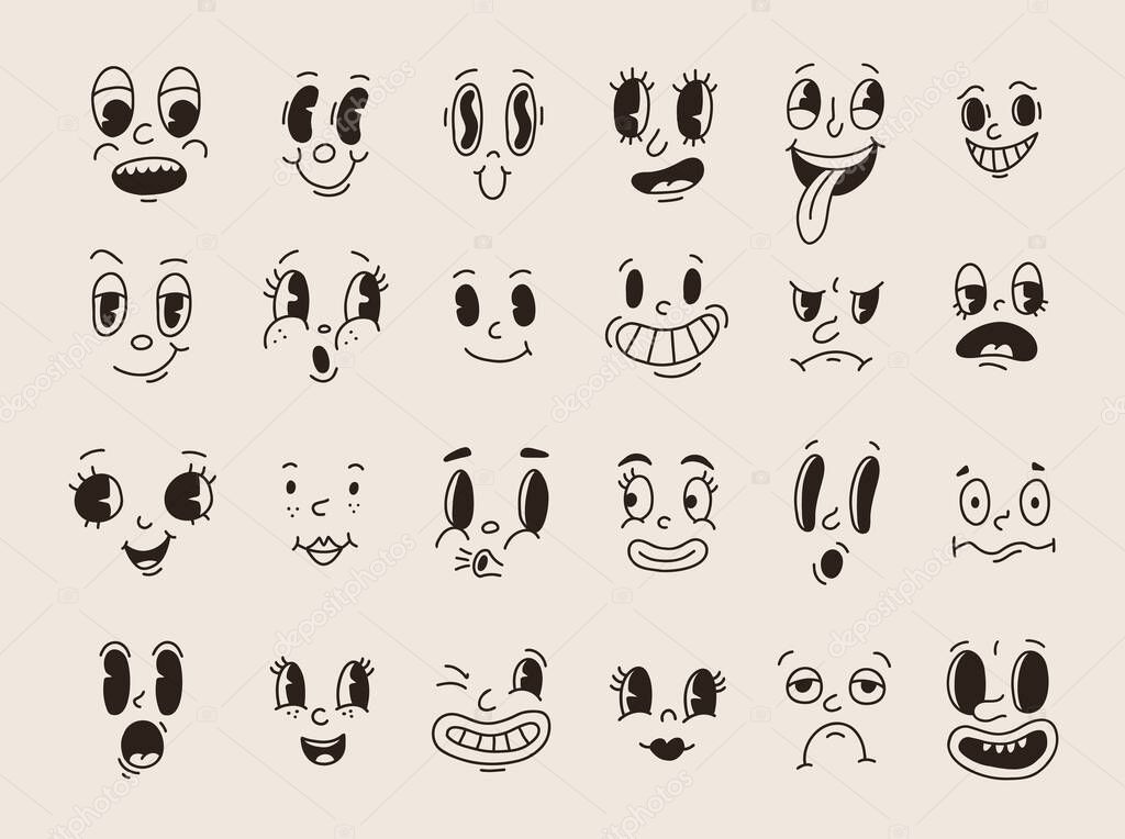 Retro 30s cartoon mascot characters funny faces. 50s, 60s old animation eyes and mouths elements. Vintage comic smile for logo vector set. Smiley caricatures with happy and cheerful emotions