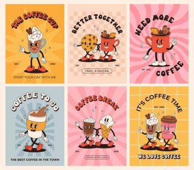 Collection of posters with cute cartoon characters of coffee takeaway and pastries donut, chocolate chip cookie, ice cream and cupcake. Desserts food and drink in retro groovy style clipart