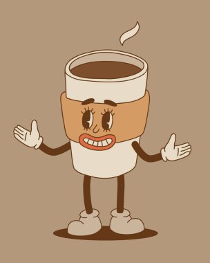Retro cartoon coffee cup character set. Mug mascot in different poses. 70s-80s groovy contour vector illustration. Espresso black coffee cup.