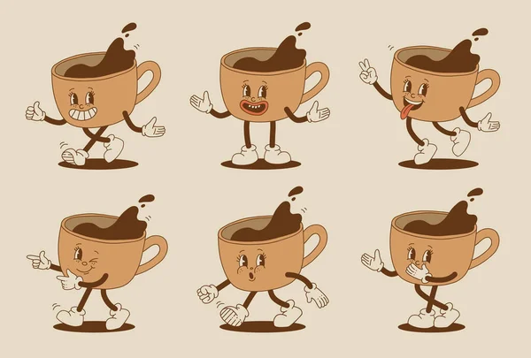 Retro Cartoon Coffee Cup Character Set Mug Mascot Different Poses — Stock Vector