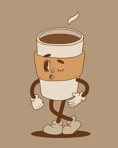 Retro Cartoon Coffee Cup Character Set Mug Mascot Different Poses — Wektor stockowy