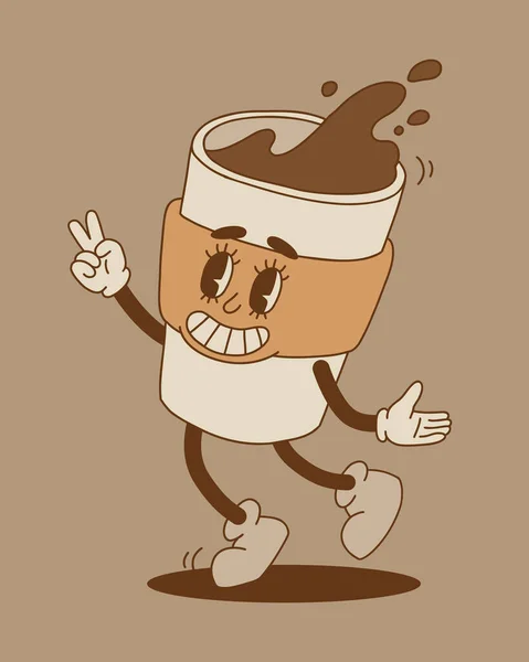 Retro Cartoon Coffee Cup Character Set Mug Mascot Different Poses — 스톡 벡터