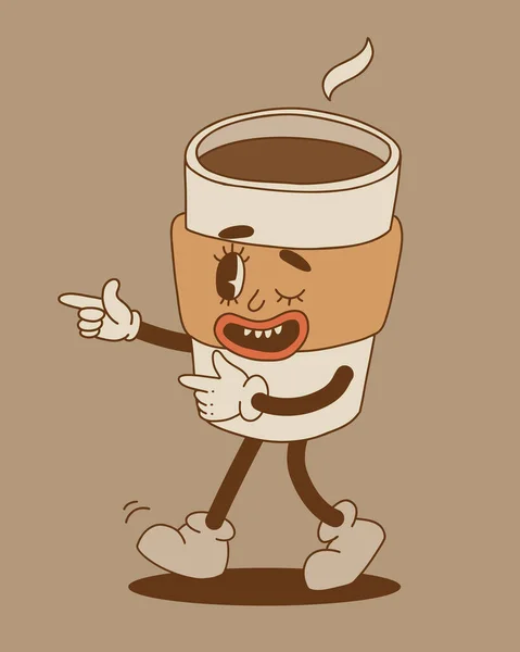 Retro Cartoon Coffee Cup Character Set Mug Mascot Different Poses — Stockvector
