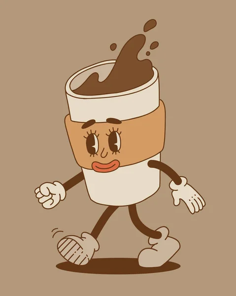 Retro Cartoon Coffee Cup Character Set Mug Mascot Different Poses — стоковый вектор