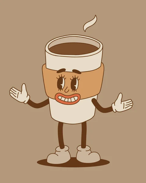 Retro Cartoon Coffee Cup Character Set Mug Mascot Different Poses – stockvektor