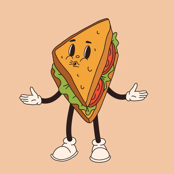 토마토 샌드위치의 복고풍 마스코트 빈티지 스타일 30S 40S 50S 애니메이션입니다 — 스톡 벡터