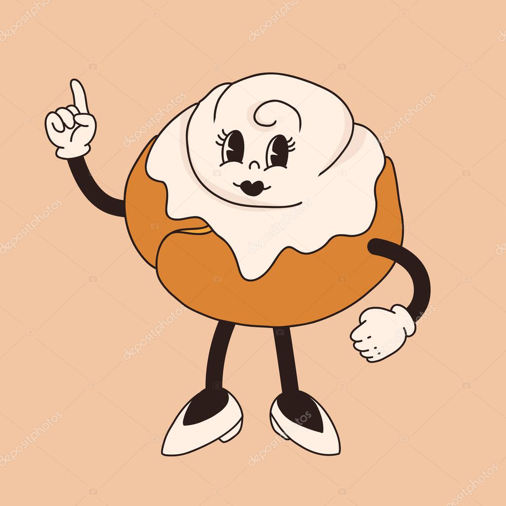 Vector cartoon retro mascot of cinnabon. Vintage style 30s, 40s, 50s old animation. Cinnamon roll isolated on a beige background.