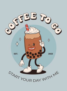 Kahve maskotu, çizgi film karakterleri, komik renkli karalama karakterleri, cappuccino, kakao, latte, espresso, matcha, bobba. Renkli arkaplanda vektör mükemmel karakterler