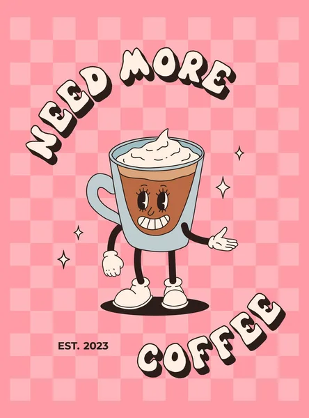Retro Plakat Med Kaffemaskot Tegneseriefigurer Morsomme Fargerike Doodle Stil Tegn – stockvektor