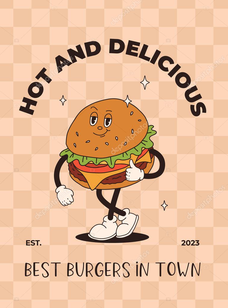 Vector cartoon retro mascot of bread, pastry, burger, sandwich. Vintage style 70s, 60s, 50s character. Groovy poster for bakery and restaurants