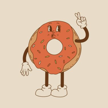 Vektör çizgi film retro ekmek, pasta, burger ve sandviç maskotu. Eski tarz 70 'ler, 60' lar, 50 'ler karakteri. Fırın ve restoranlar için harika sanat eserleri