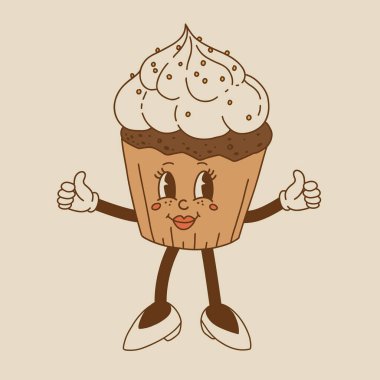 Vektör çizgi film retro ekmek, pasta, burger ve sandviç maskotu. Eski tarz 70 'ler, 60' lar, 50 'ler karakteri. Fırın ve restoranlar için harika sanat eserleri