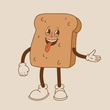 Vektör çizgi film retro ekmek, pasta, burger ve sandviç maskotu. Eski tarz 70 'ler, 60' lar, 50 'ler karakteri. Fırın ve restoranlar için harika sanat eserleri