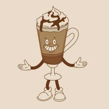 Kahve maskotu, çizgi film karakterleri, komik renkli karalama karakterleri, cappuccino, kakao, latte, espresso, matcha, bobba. Renkli arkaplanda vektör mükemmel karakterler