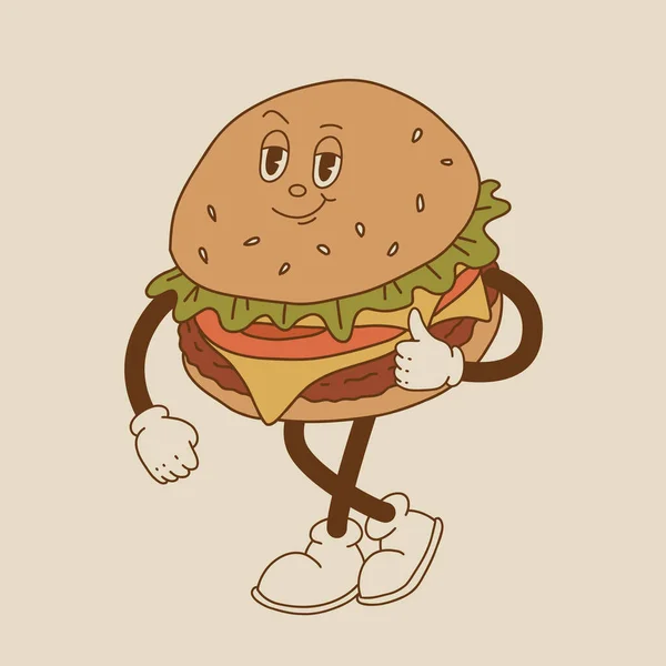 矢量漫画复古吉祥物面包 汉堡包 三明治 老式风格70 50个字符 面包店和餐馆的华丽艺术 — 图库矢量图片