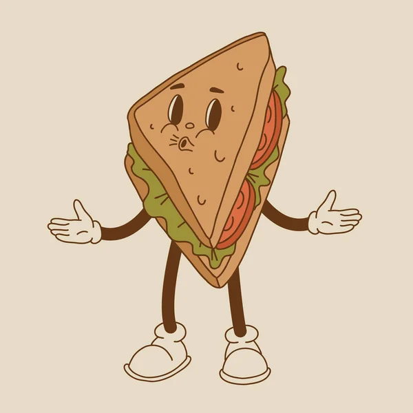 矢量漫画复古吉祥物面包 汉堡包 三明治 老式风格70 50个字符 面包店和餐馆的华丽艺术 — 图库矢量图片