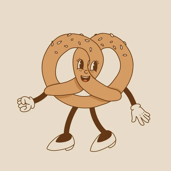 パンのベクトル漫画レトロマスコット ペストリー バーガー サンドイッチ ヴィンテージスタイル 70年代 60年代 50年代 パン屋やレストランのためのグルービーアート — ストックベクタ