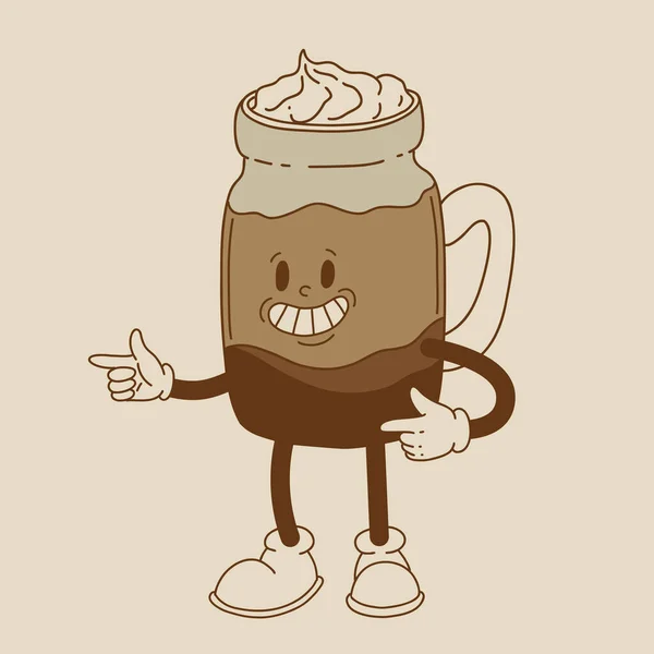 Retro Plakat Med Kaffemaskot Tegneseriefigurer Morsomme Fargerike Doodle Stil Tegn – stockvektor