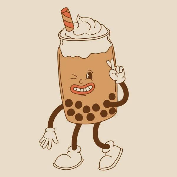 Retro Poster Met Koffie Mascotte Stripfiguren Grappige Kleurrijke Doodle Stijl — Stockvector