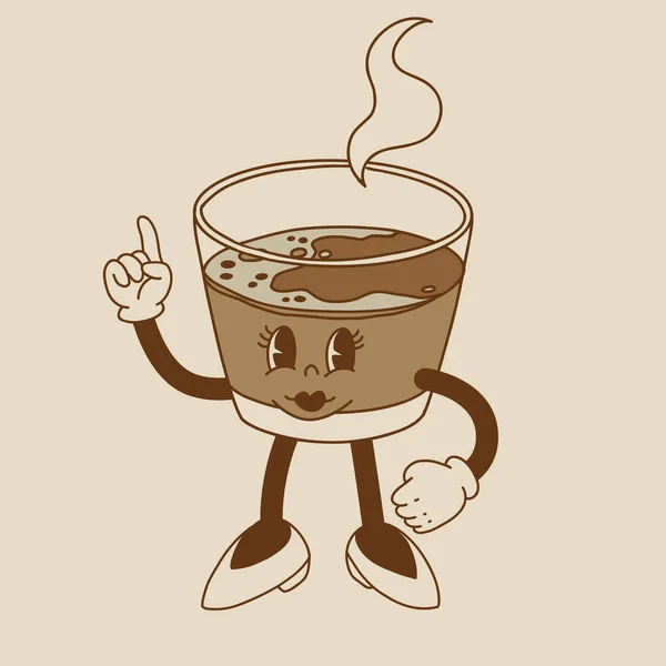 Retro Poster Mit Kaffee Maskottchen Comicfiguren Lustigen Bunten Kritzelfiguren Cappuccino — Stockvektor