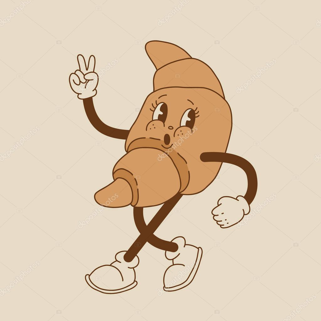 Vector cartoon retro mascot of bread, pastry, burger, sandwich. Vintage style 70s, 60s, 50s character. Groovy art for bakery and restaurants