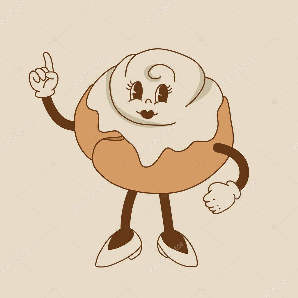 Vector cartoon retro mascot of bread, pastry, burger, sandwich. Vintage style 70s, 60s, 50s character. Groovy art for bakery and restaurants