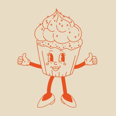 Vektör karikatür kek maskotu. Eski tarz 30 'lu, 40' lı, 50 'li yılların animasyonları. Clipart bej bir arka planda izole edilir.