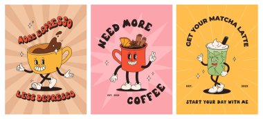Kahve maskotu, çizgi film karakterleri, komik renkli karalama karakterleri, cappuccino, kakao, latte, espresso, matcha, bobba. Renkli arkaplanda vektör mükemmel karakterler