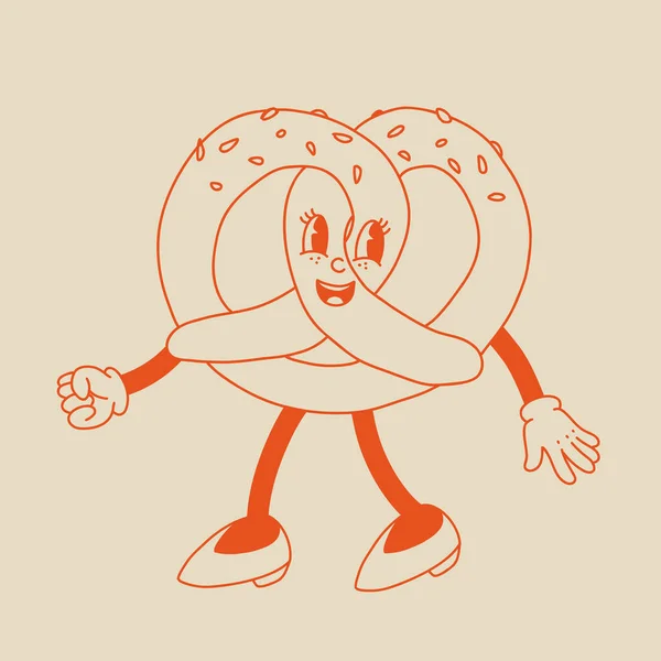 矢量漫画复古吉祥物椒盐卷饼 50年代的老式动画风格 在米色的背景下 这一带被隔离了 — 图库矢量图片