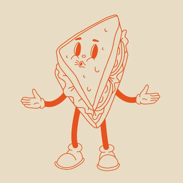 病媒漫画复古吉祥物西红柿三明治 50年代的老式动画风格 在米色的背景下 这一带被隔离了 — 图库矢量图片