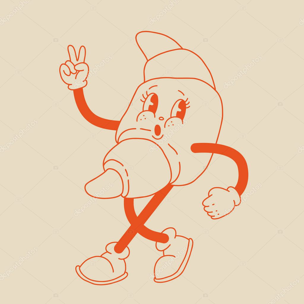 Vector cartoon retro mascot of croissant. Vintage style 30s, 40s, 50s old animation. The clipart is isolated on a beige background.