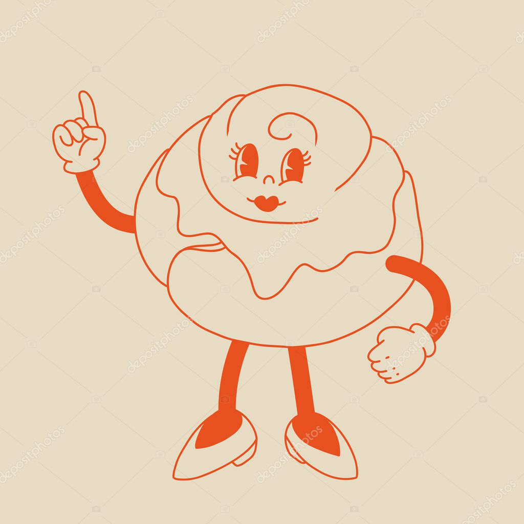 Vector cartoon retro mascot of cinnabon. Vintage style 30s, 40s, 50s old animation. Cinnamon roll isolated on a beige background.