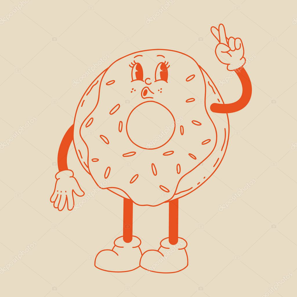 Vector cartoon retro mascot of donut. Vintage style 30s, 40s, 50s old animation. The clipart is isolated on a beige background.