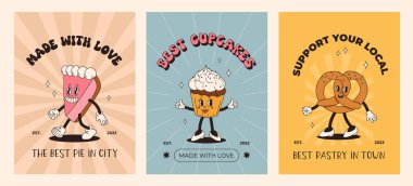 Vektör çizgi film retro ekmek, pasta, burger ve sandviç maskotu. Eski tarz 70 'ler, 60' lar, 50 'ler karakteri. Fırın ve restoranlar için harika bir poster.