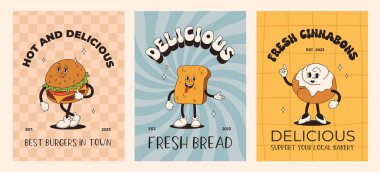 Vektör çizgi film retro ekmek, pasta, burger ve sandviç maskotu. Eski tarz 70 'ler, 60' lar, 50 'ler karakteri. Fırın ve restoranlar için harika bir poster.