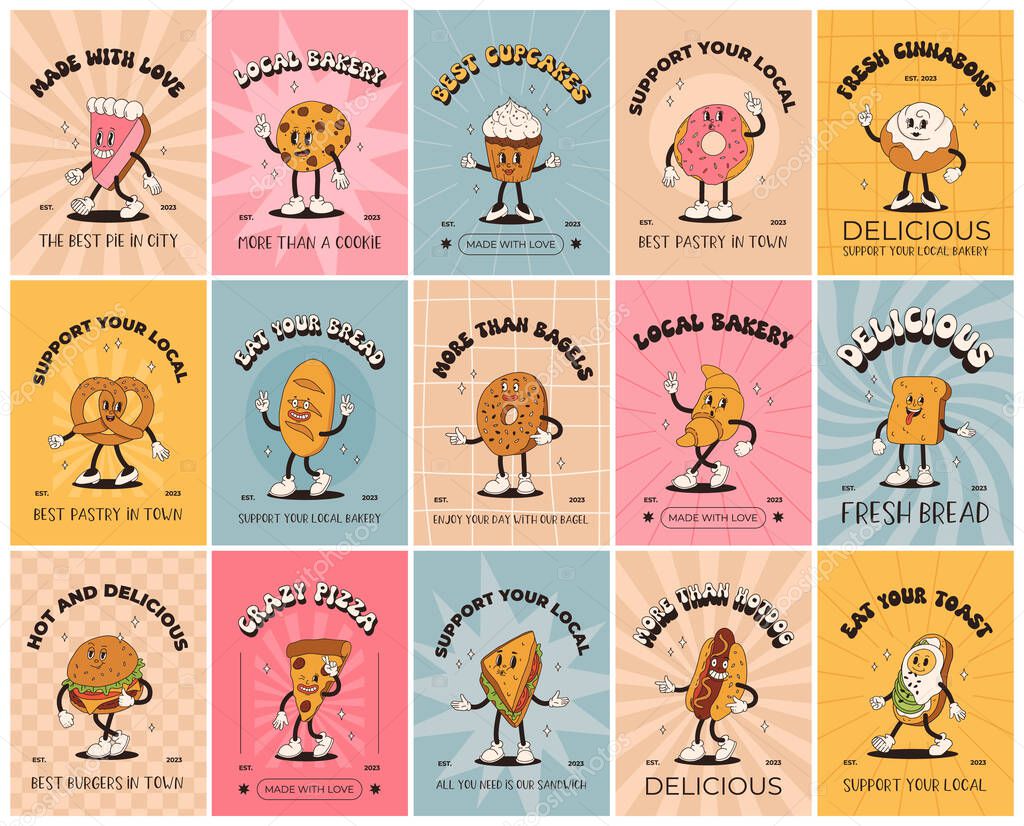 Vector cartoon retro mascot of bread, pastry, burger, sandwich. Vintage style 70s, 60s, 50s character. Groovy poster for bakery and restaurants