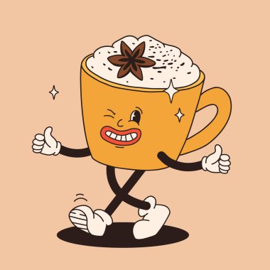 Komik Retro çizgi filmi Balkabağı Karakteri 50 'ler, 60' lar, 70 'ler Vintage Style. Balkabağı baharatlı latte, balkabağı turtası, puding, kek, kek, waffle, çörek ve kahve ile mutlu sonbahar maskotu..
