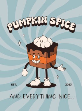 Komik Retro çizgi filmi Balkabağı Karakteri 50 'ler, 60' lar, 70 'ler Vintage Style. Balkabağı baharatlı latte, balkabağı turtası, puding, kek, kek, waffle, çörek ve kahve ile mutlu sonbahar maskotu..