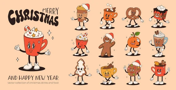Funny Retro Cartoon Christmas Character Groovy 50S 60S 70S Vintage — Stock Vector