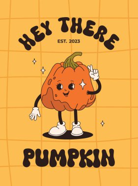 Komik Retro çizgi filmi Balkabağı Karakteri 50 'ler, 60' lar, 70 'ler Vintage Style. Balkabağı baharatlı latte, balkabağı turtası, puding, kek, kek, waffle, çörek ve kahve ile mutlu sonbahar maskotu..