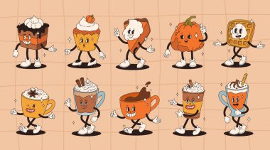 Komik Retro çizgi filmi Balkabağı Karakteri 50 'ler, 60' lar, 70 'ler Vintage Style. Balkabağı baharatlı latte, balkabağı turtası, puding, kek, kek, waffle, çörek ve kahve ile mutlu sonbahar maskotu..